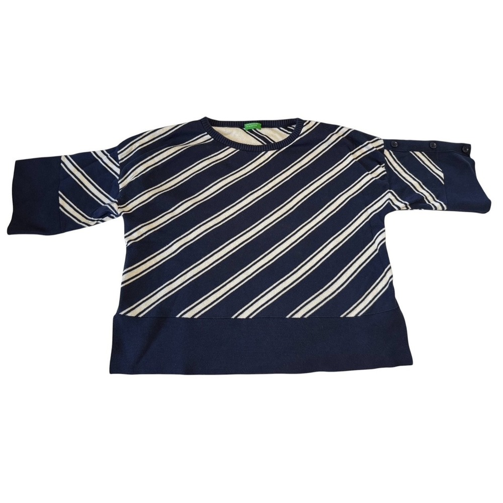 UNITED COLORS OF BENETTON Dolman Button Sleeve Blue White Striped Nautical